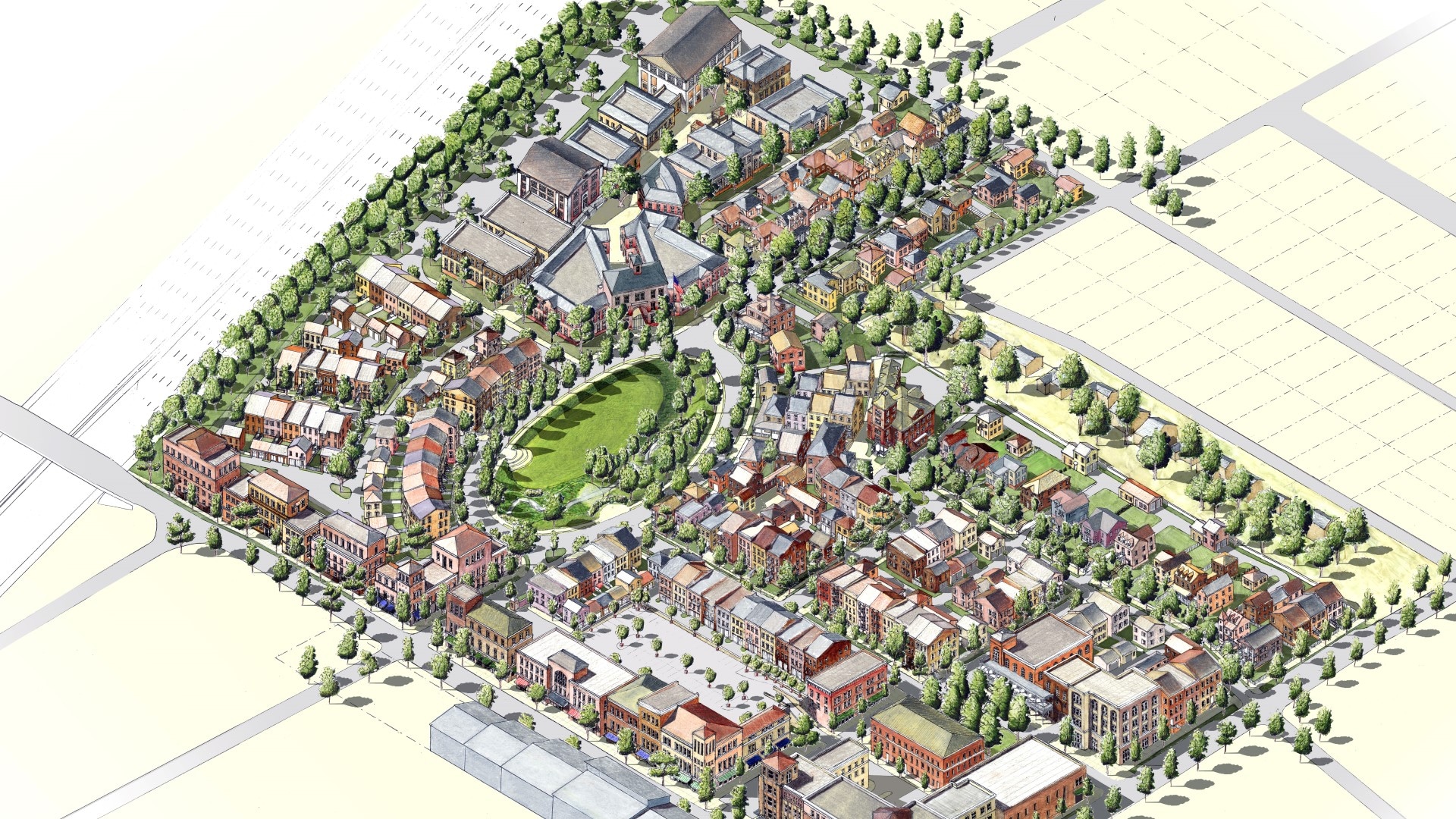 Glenwood Park a new urbanism Sustainable Community Development by TSW - Isometric hand rendering depicting the master plan