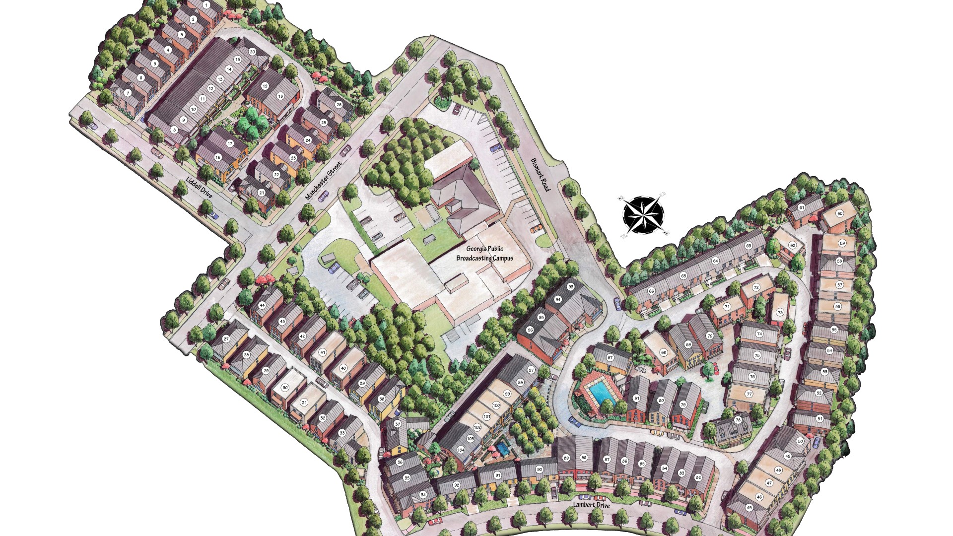 Manchester Street Development by TSW's Planning Studio. Isometric hand rendering of the overall master plan