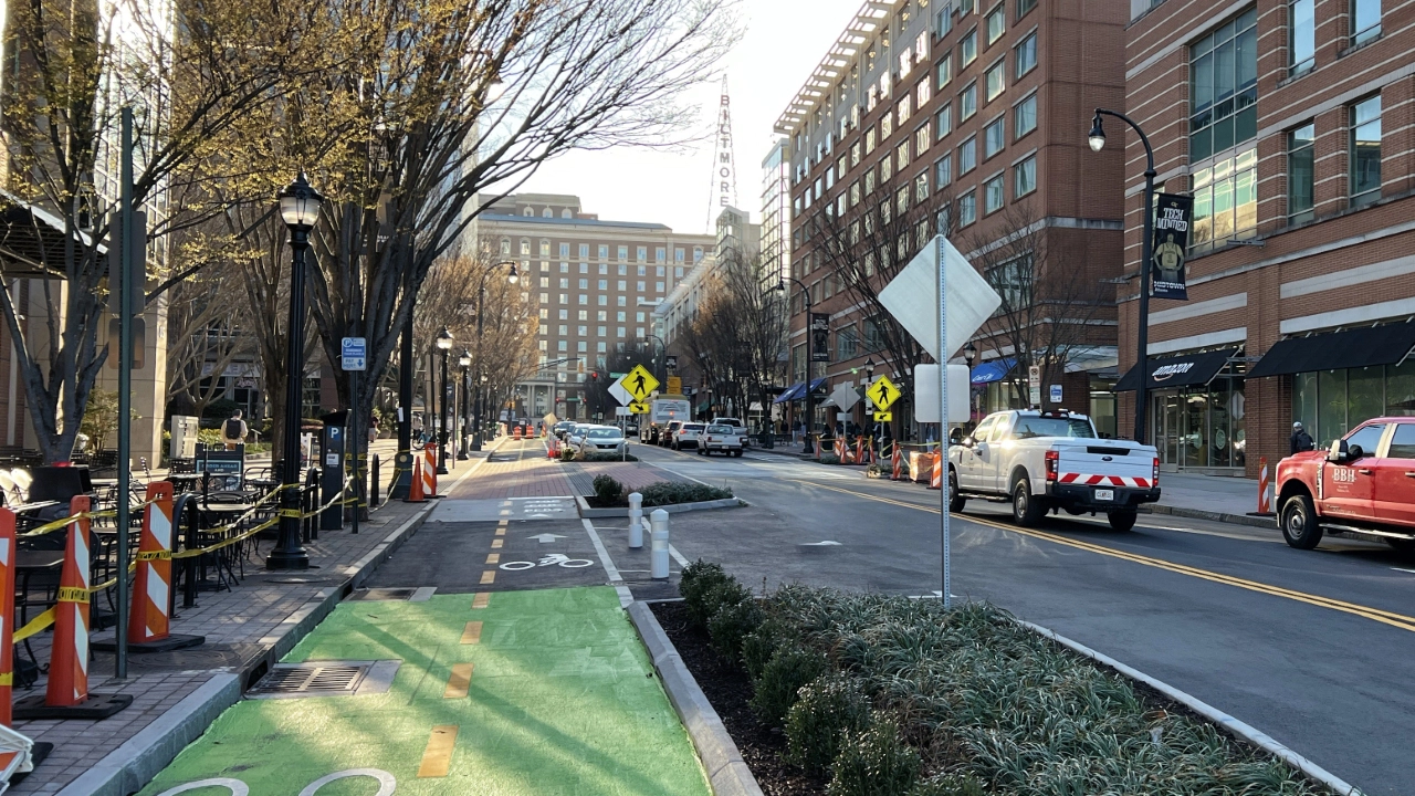 Construction photo of the midblock crossing and the elevated bus stop and 2-way cycle track