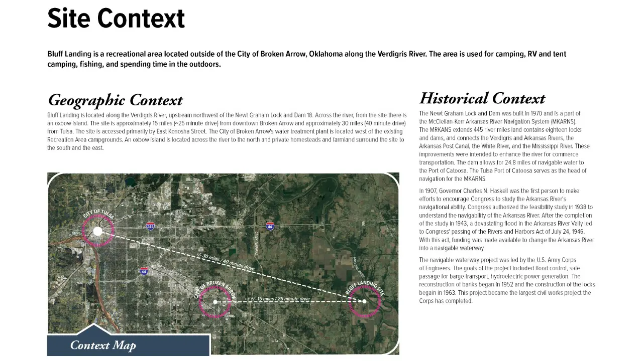 Bluff Landing Recreation Area Study by TSW, Tulsa - Site Context Map and Written description 