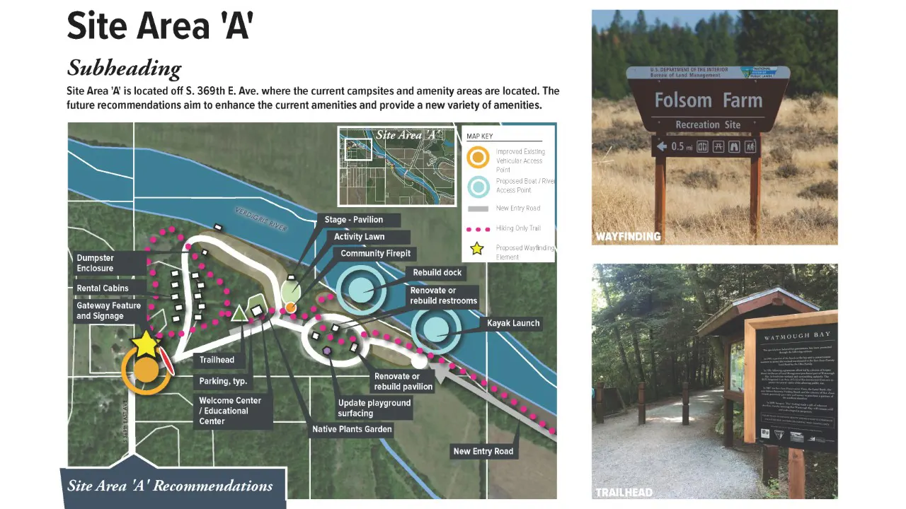 Bluff Landing Recreation Area Study by TSW, Tulsa - Future Recommendations Map, and proposed signage and kiosk design