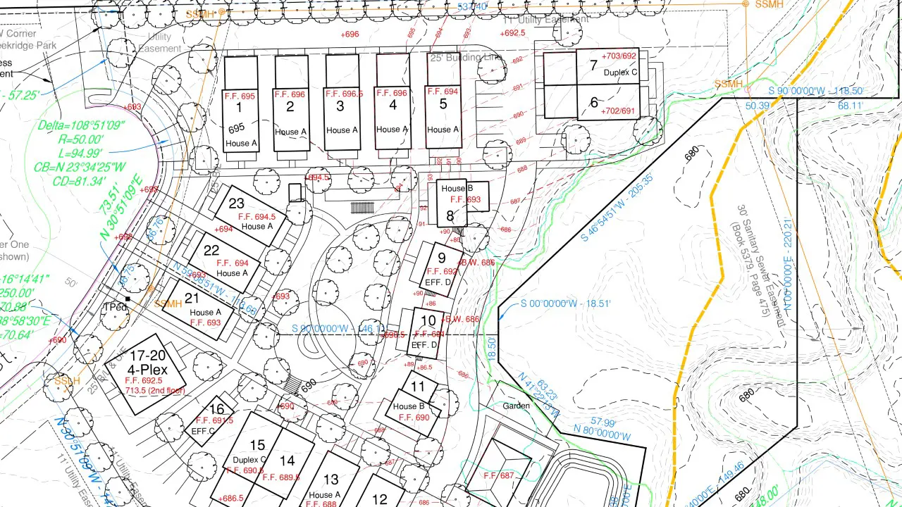 Broken Arrow Pocket Community Development by TSW, Tulsa - CAD site plan showing proposed single-family and duplex residential units and common green spaces