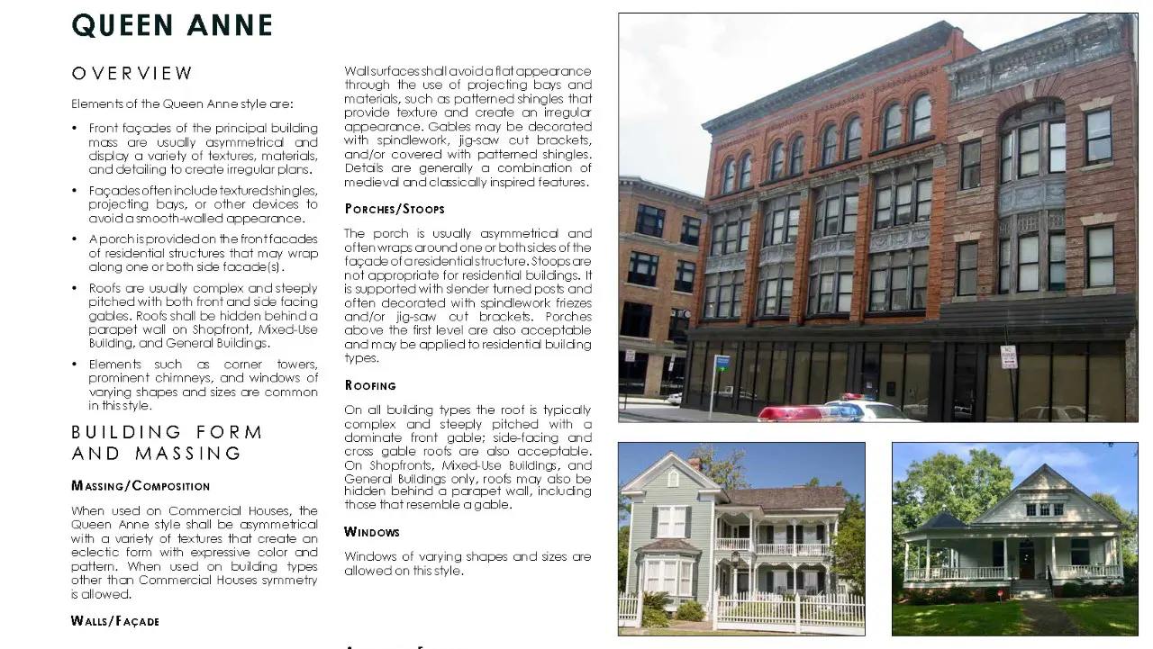 Downtown Chamblee Town Center Code and Patternbook by TSW, Atlanta - Image and text depicting the Queen Anne Architectural Style