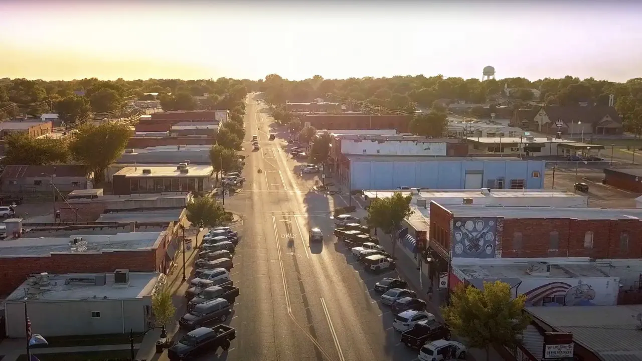 Collinsville Comprehensive Plan, By TSW, Tulsa - Picture showing existing streetscape and town context at sunset