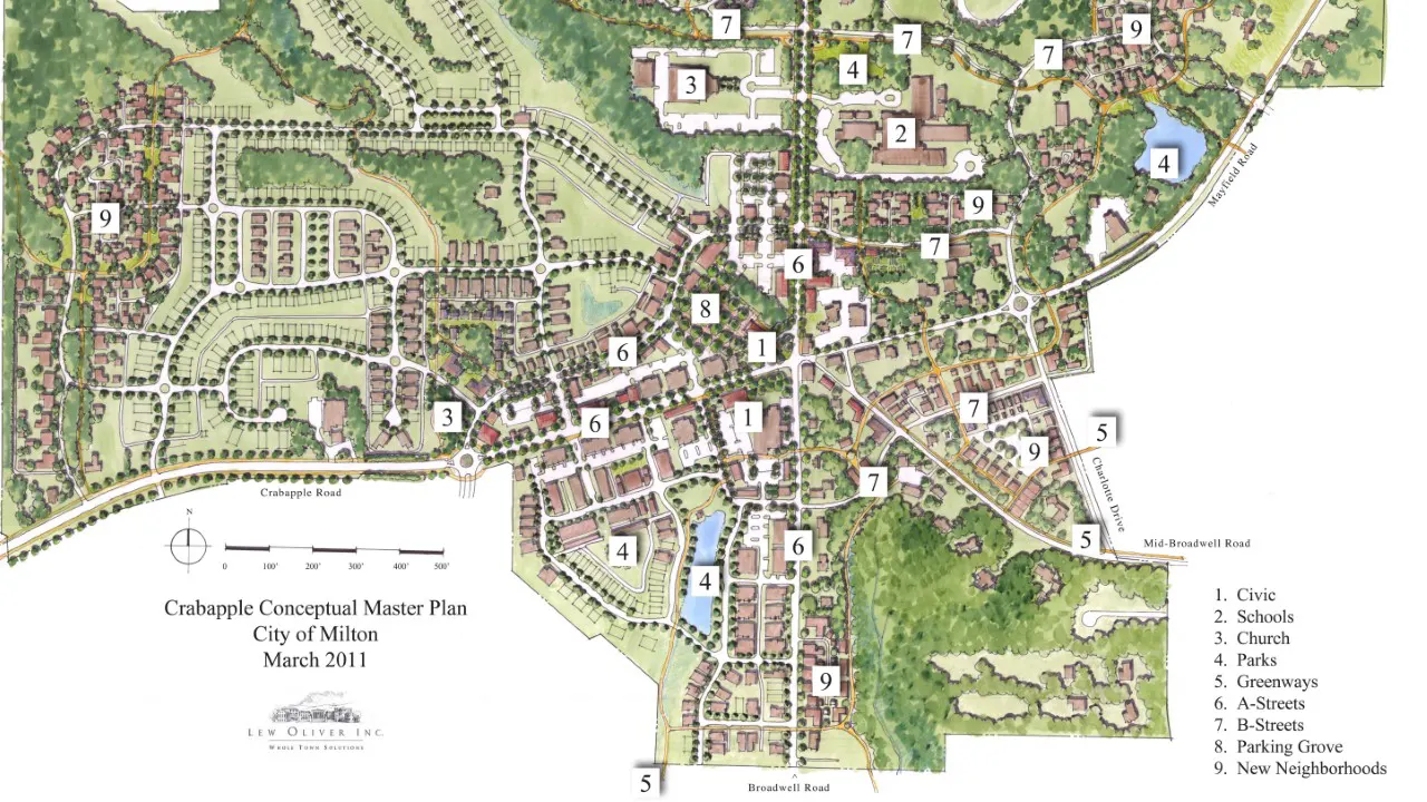 Crabapple Form-Based Code by TSW, Atlanta - hand rendered conceptual master plan 