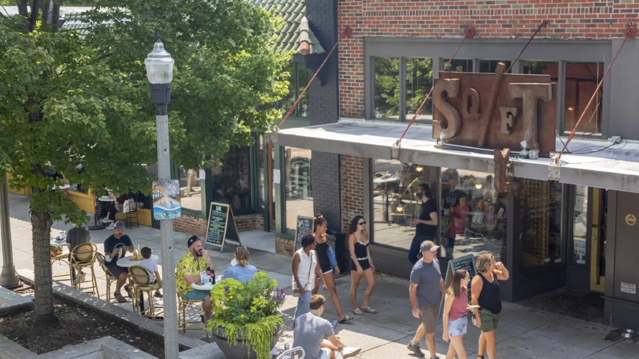Destination:2030 / Decatur’s 2020 Strategic Plan by TSW, Atlanta - People walking along storefronts with outdoor seating