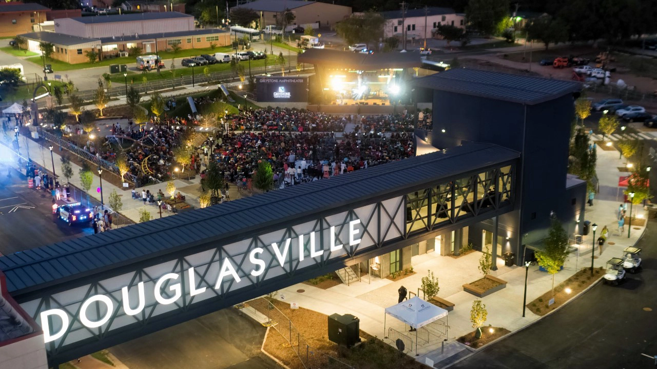 Douglasville Downtown Greenspace Night Shot showing bridge