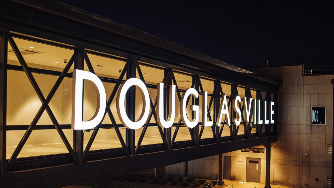 TSW - Douglasville Downtown Greenspace Bridge at Night with Luminated Signage 