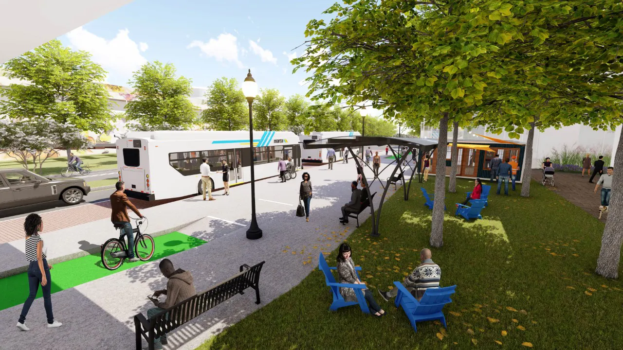 by TSW, Atlanta - 3D rendering depicting future greenspace and wide sidewalk