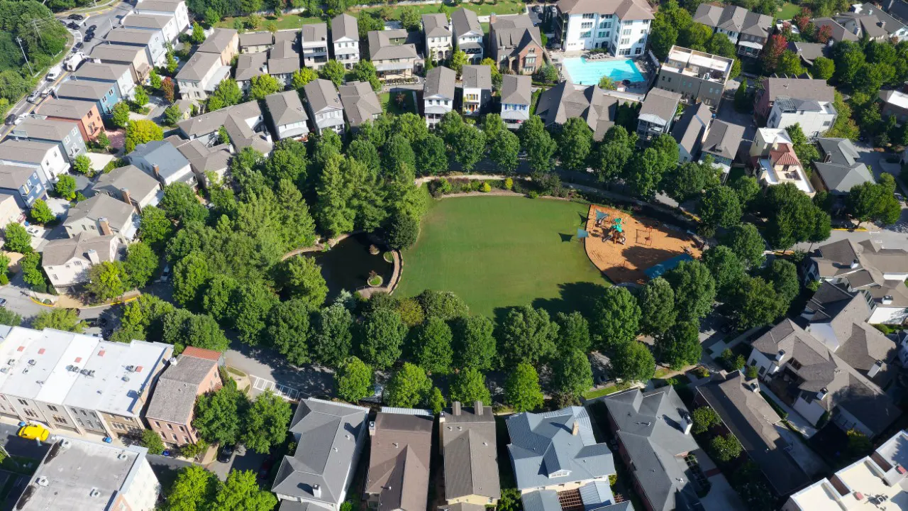 Glenwood Park a new urbanism Sustainable Community Development by TSW -view of the central open space, community park, stormwater detention area