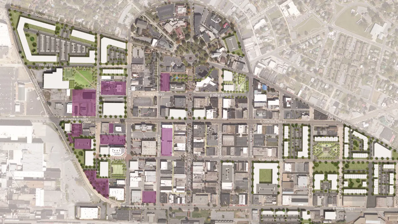 Kingsport Downtown Master Plan by TSW, Atlanta - Overall Master Plan overlaid on an aerial