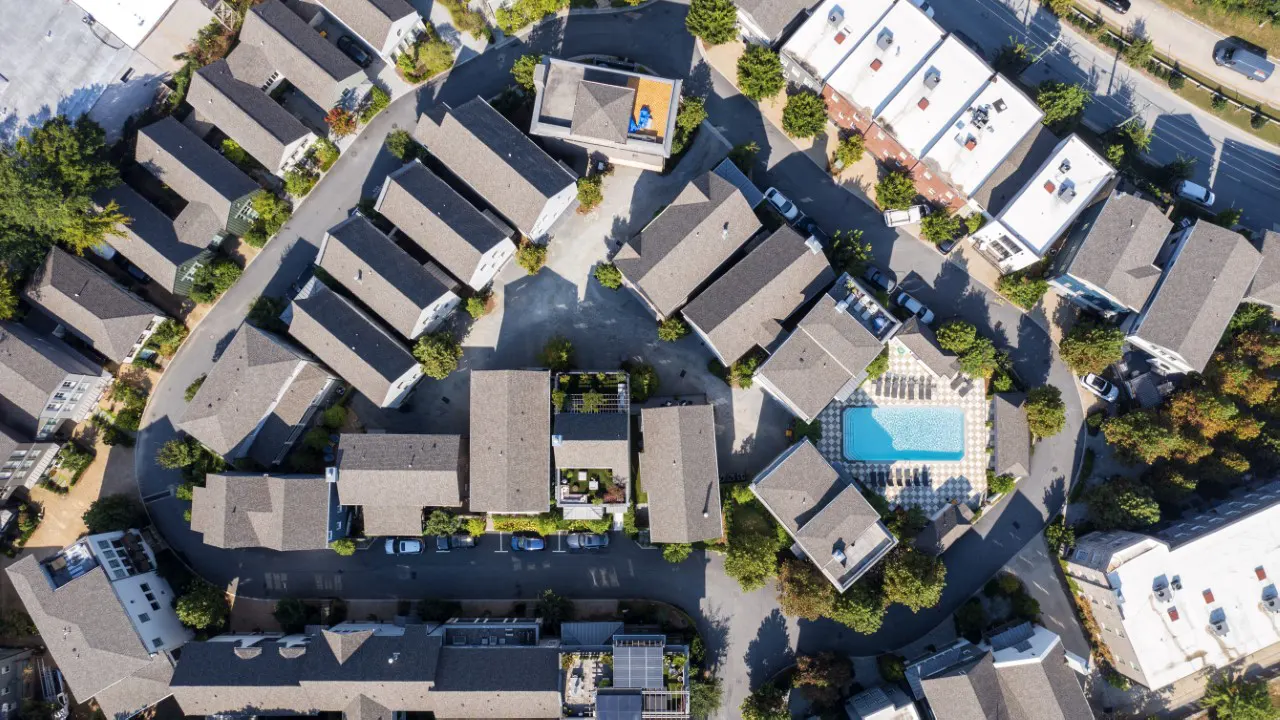 Manchester Street Development designed by TSW's Planning Studio - Aerial showing one of the pools and the urban alley loaded fabric of the design.