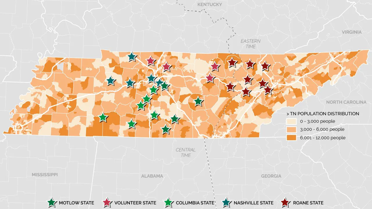 Middle Tennessee Community Colleges Master Plans by TSW, Atlanta - Population distribution map for the state of TN