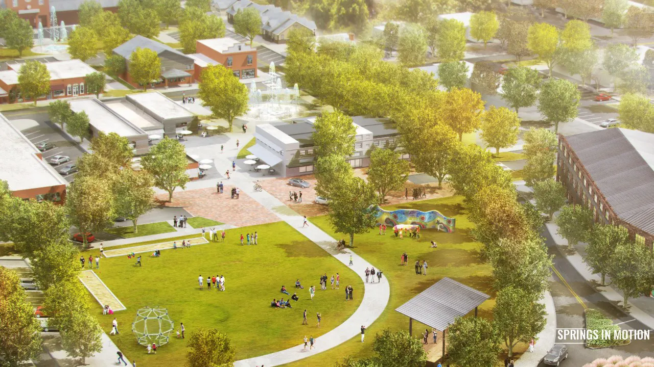 Powder Springs LCI by TSW, Atlanta - 3D rendering town green, open space, park