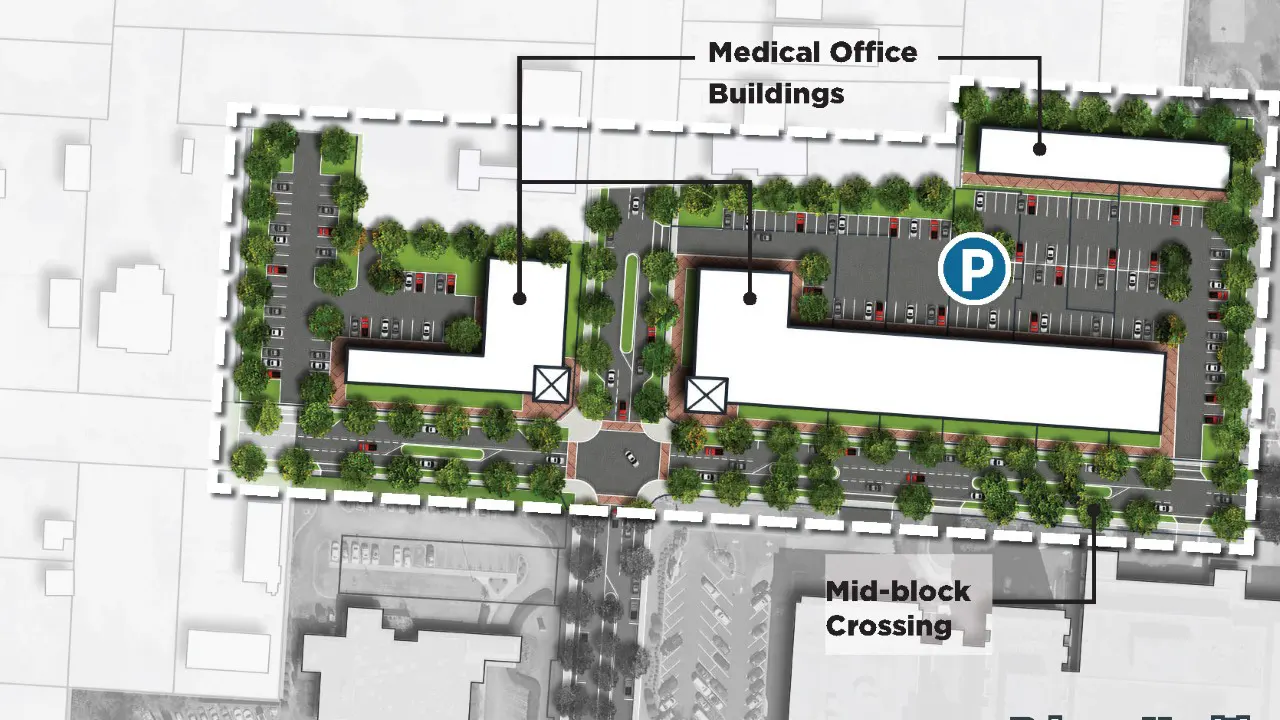 Sumter Downtown Master Plan by TSW, Atlanta - Plan Computer Rendering showing Medical offices development with parking in the rear