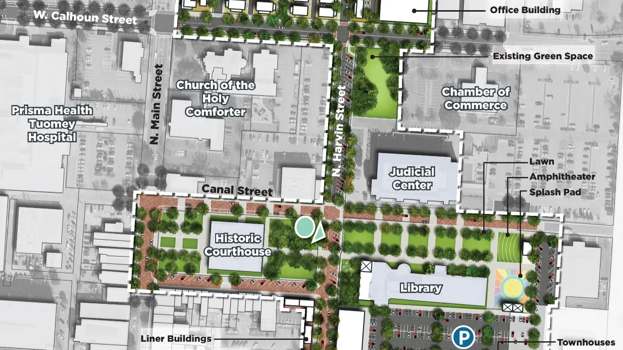 by TSW, Atlanta - Plan Computer Rendering showing the historic courthouse, library and judicial center
