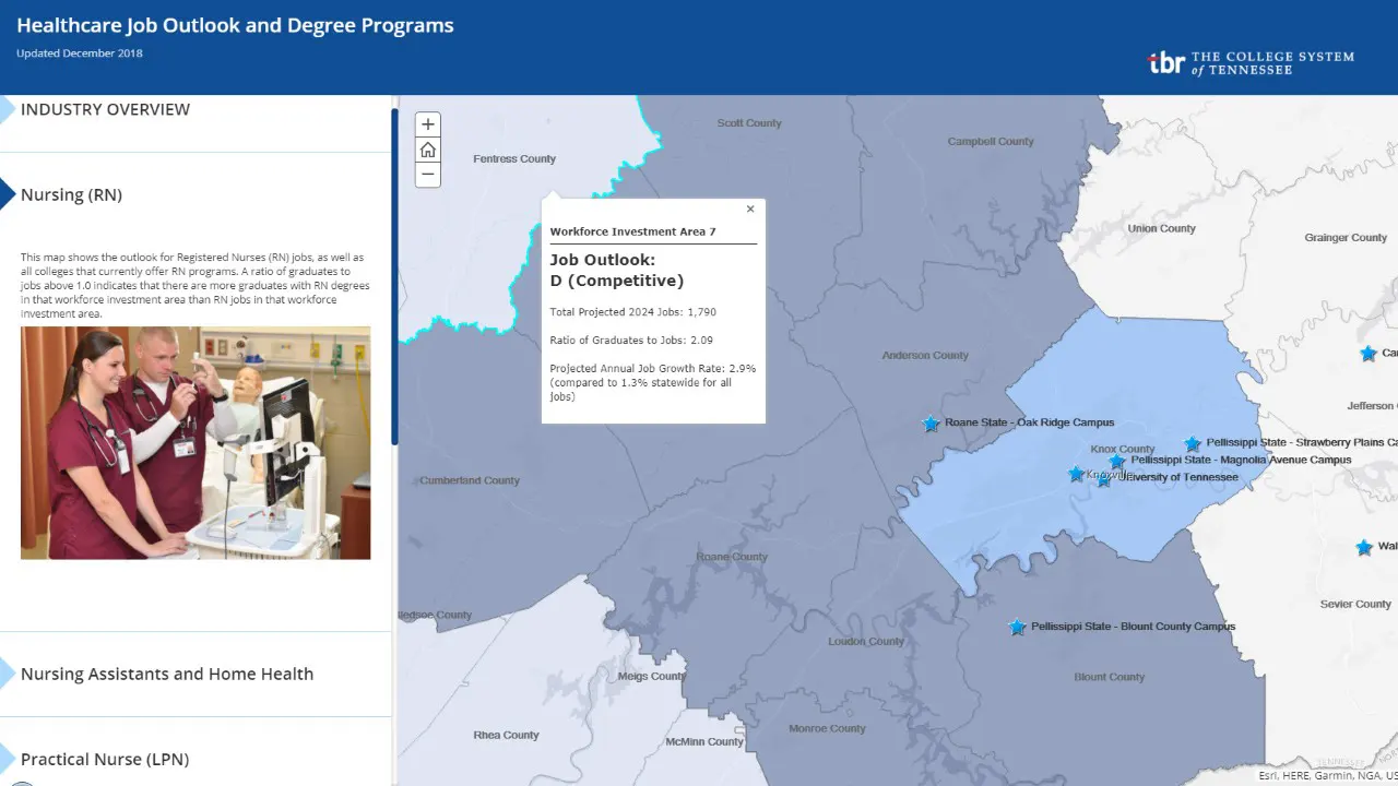 Tennessee Board of Regents Statewide Demographic and Labor Market Analysis by TSW, Atlanta - Healthcare job outlook and degree programs map