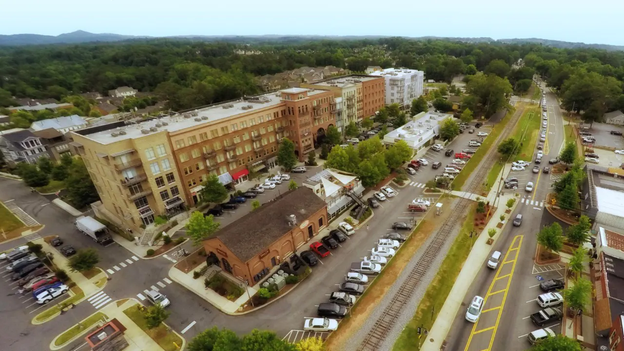 City of Woodstock Downtown Residential and Commercial Development by TSW Aerial view of the commercial area
